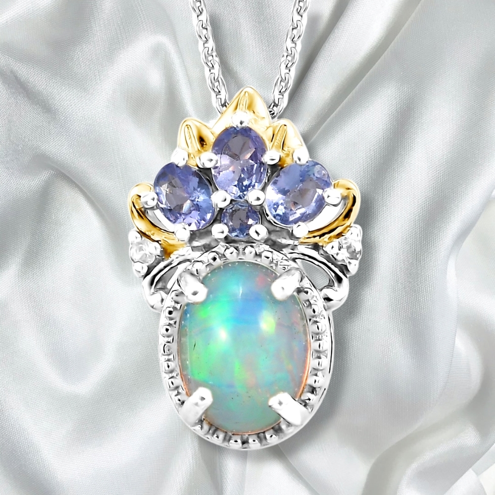 NWT ETHIOPIAN WELO OPAL & TANZANITE PENDANT ON 20" YG OVER STERLING NECKLACE